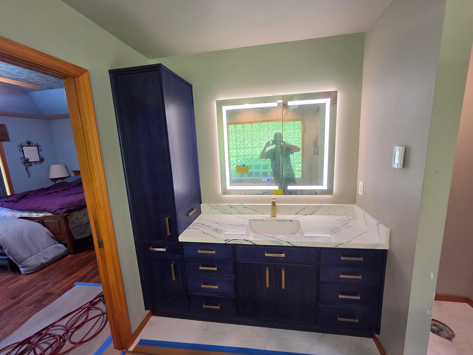 Completed cherry vanity with blue dye finish