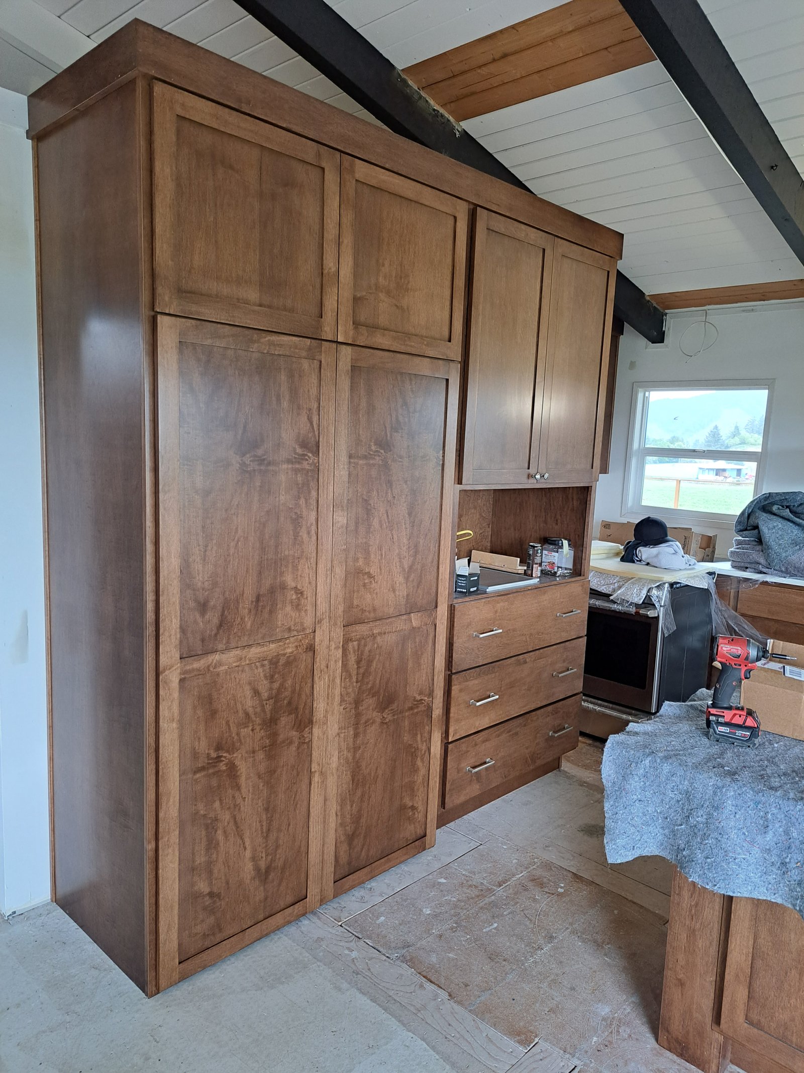 Completed maple kitchen island with custom hardware