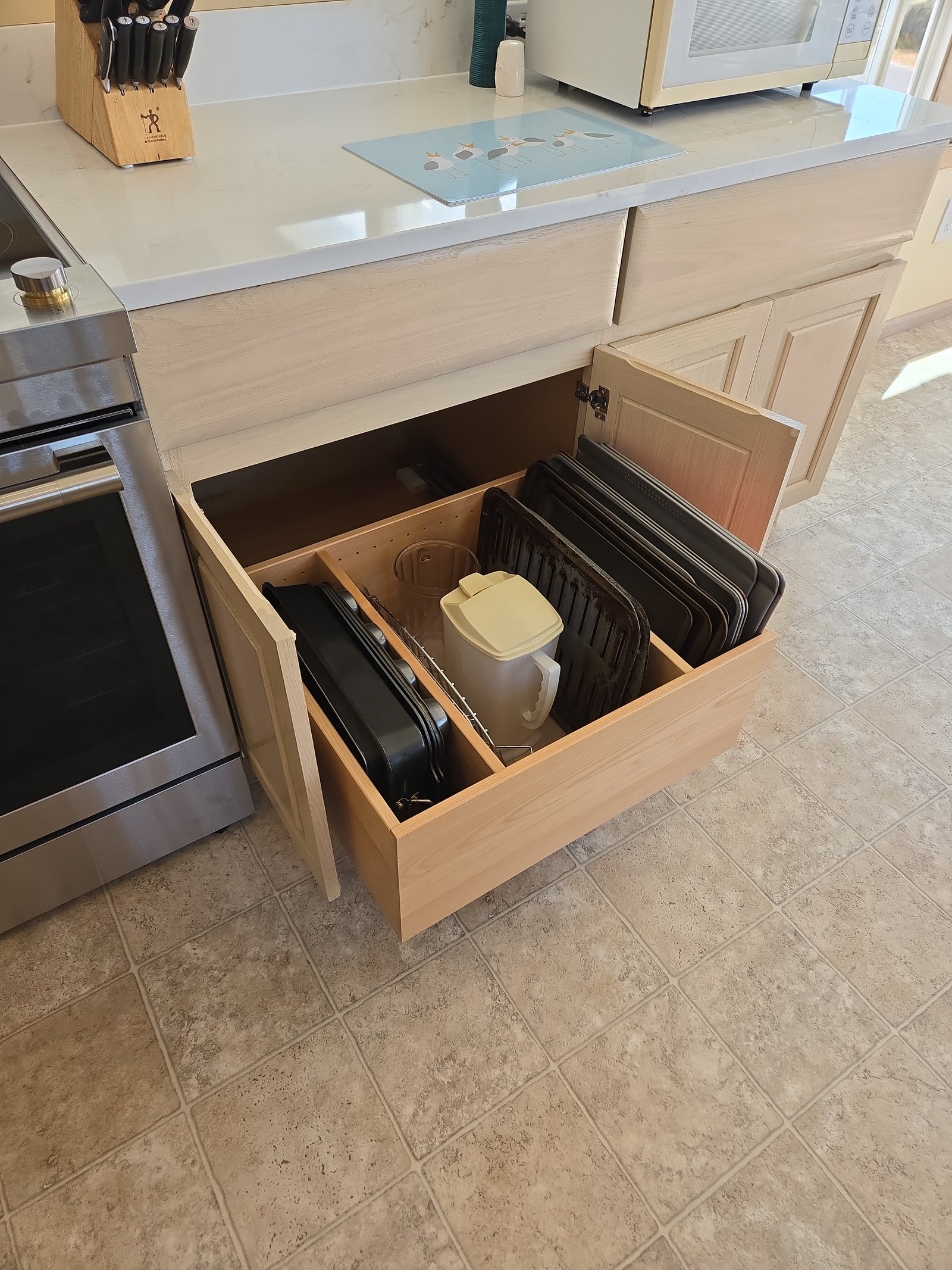 Oak and whitewash cabinet installation