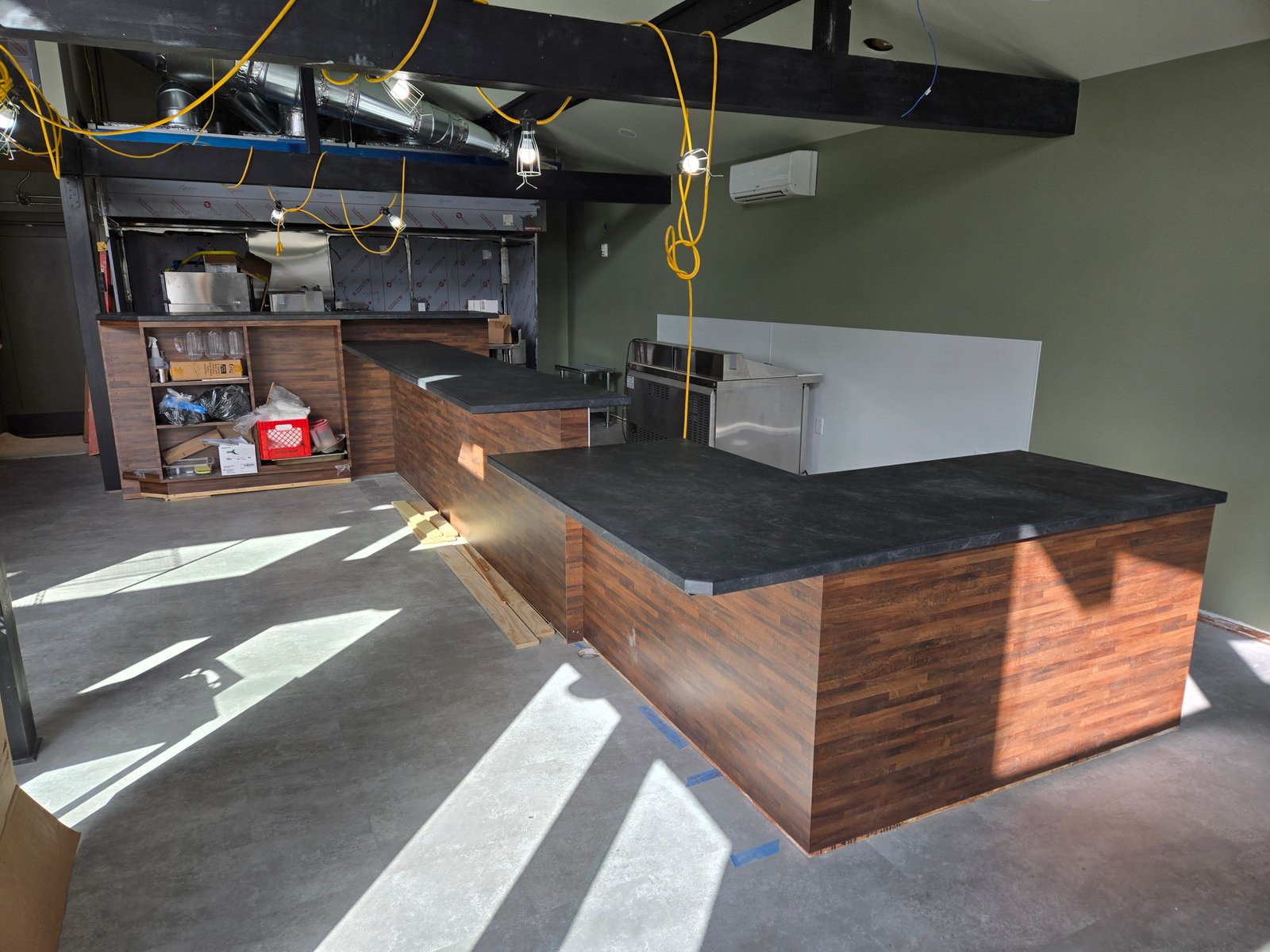 Bar seating area with custom woodwork