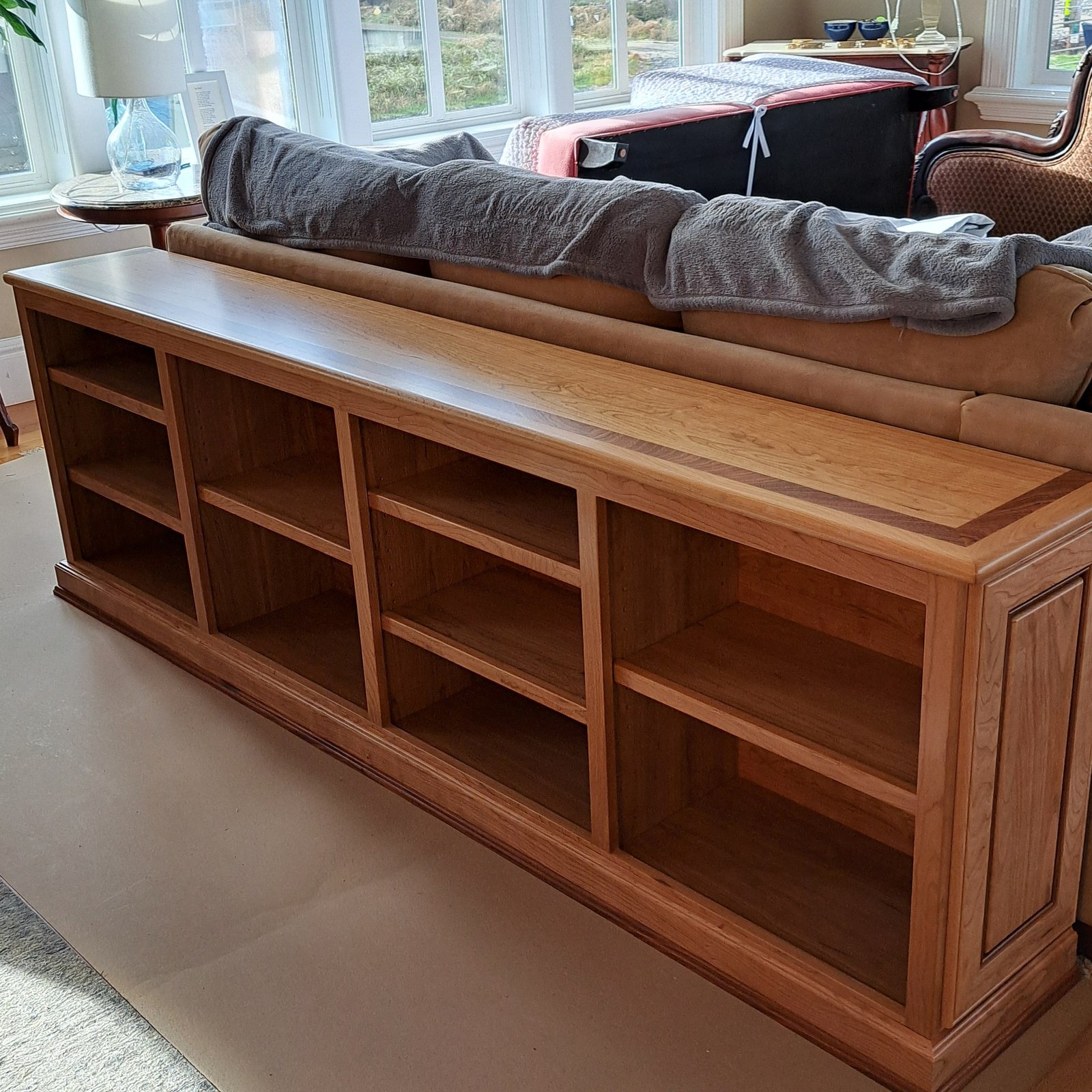 Casey Jay Winters Construction custom cherry and walnut bookcase with sapele inlay, Tillamook Oregon